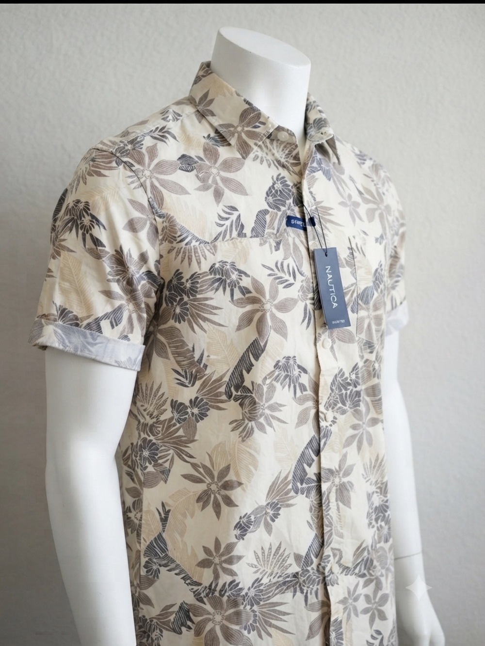 Nautica Men's Short-Sleeve Floral Button-Down in Cream, Brown and Gray